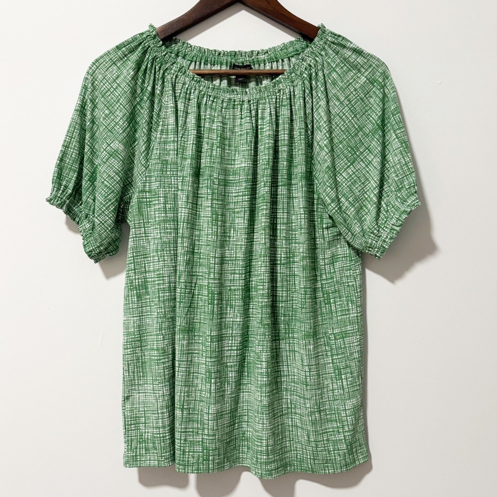 Ann Taylor Blouse Women Size M Green Grid Print Elastic Neck Puff Sleeve Top